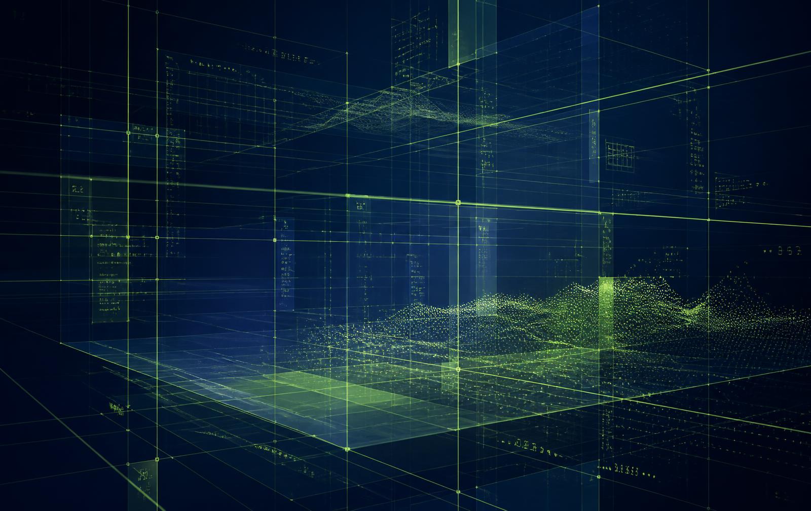 Abstract navy and lime data grid representing structured software systems