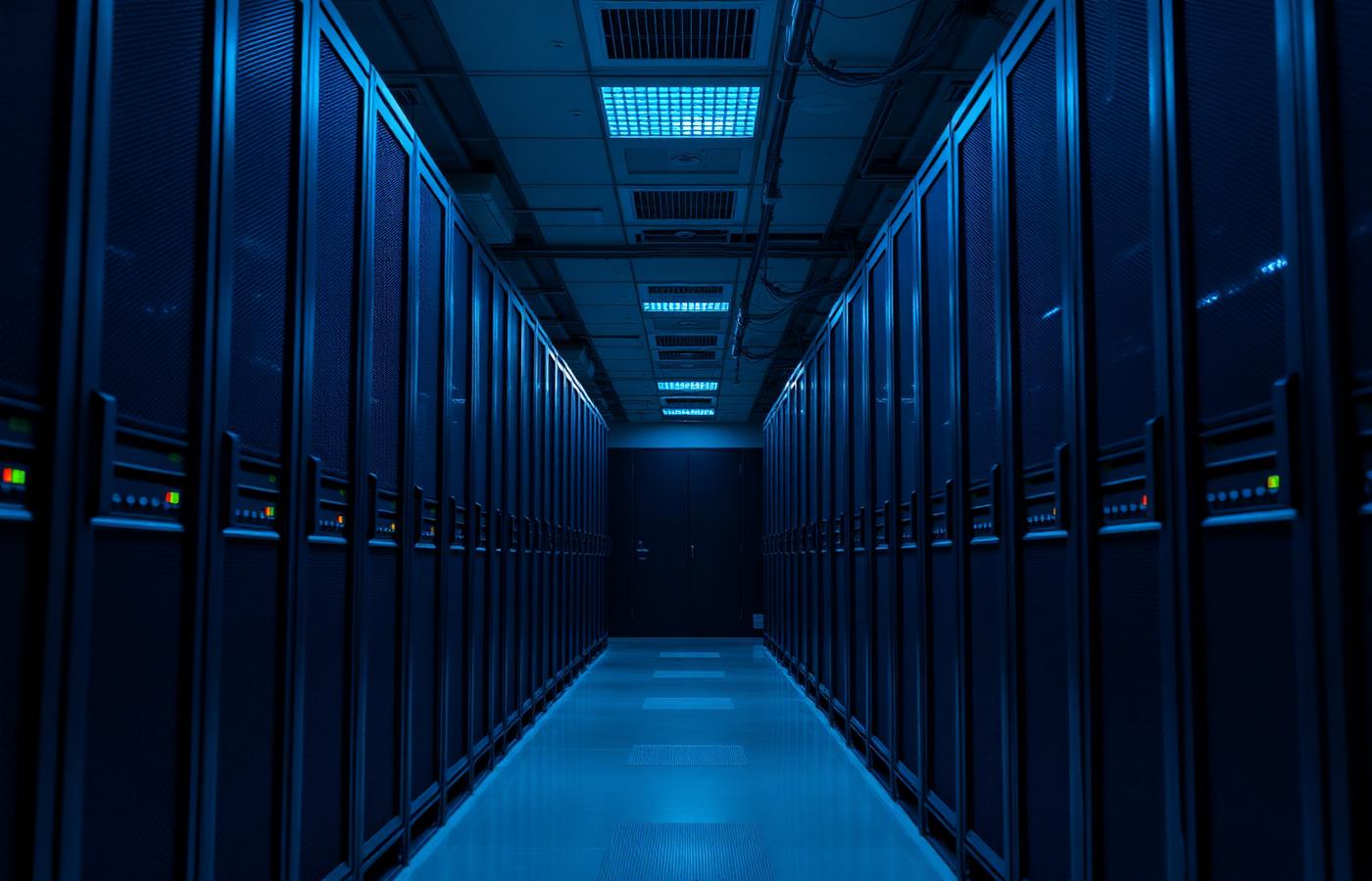 Server racks in a data centre corridor lit in cool blue