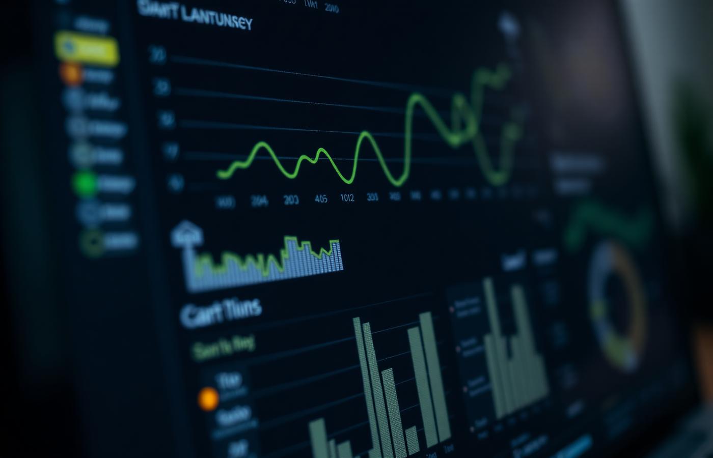 Dark analytics interface with charts shown on a monitor