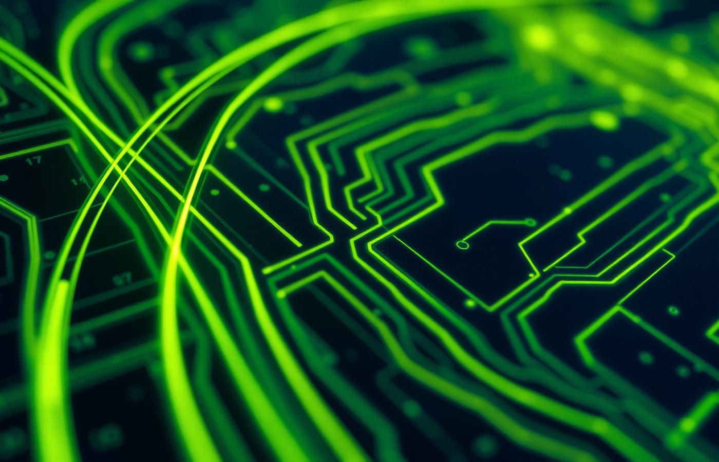 Abstract glowing circuit traces, used as a decorative technology visual