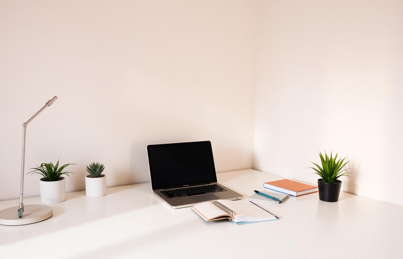 A quiet desk setup with a laptop and notebook, illustrating a focused working environment